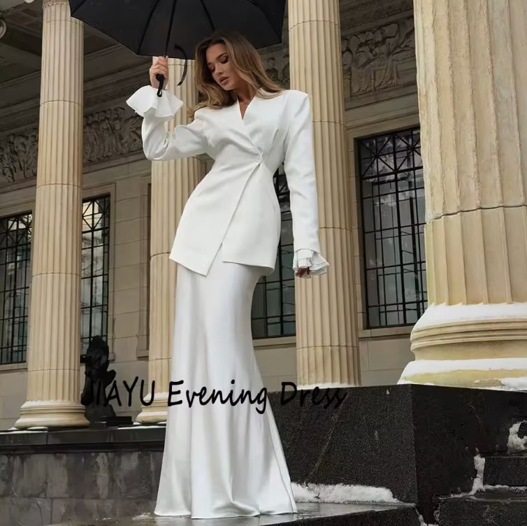 Customized White V-neck Satin Simple Mermaid Evening Dress Full Sleeves With Jacket Party Dress Floor Length Prom Gown For Women