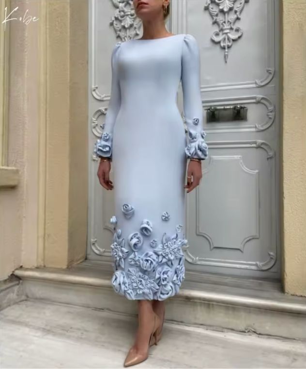 Kobe Blue 3D Flower Mom Pretended Prom Dress Four-Way Stretch O-Neck Wedding Dresses Long Sleeves vestidos de noche Customized