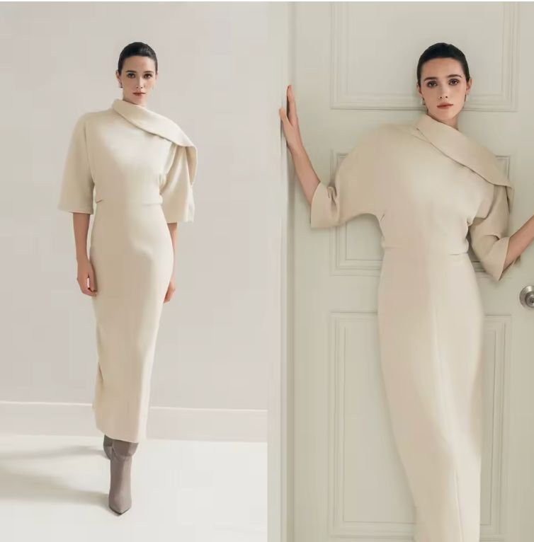 Customized Temperament Ivory Jersey Evening Dress High Quality Crew Neck Short Sleeves Mermaid Zipper Back Homecoming