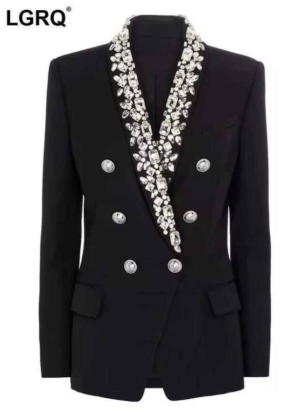LGRQ Solid Spliced Diamonds Casual Elegant Blazers Women V Neck Long Sleeve Patchwork Button Blazer Female Fashion Style 19Z2567