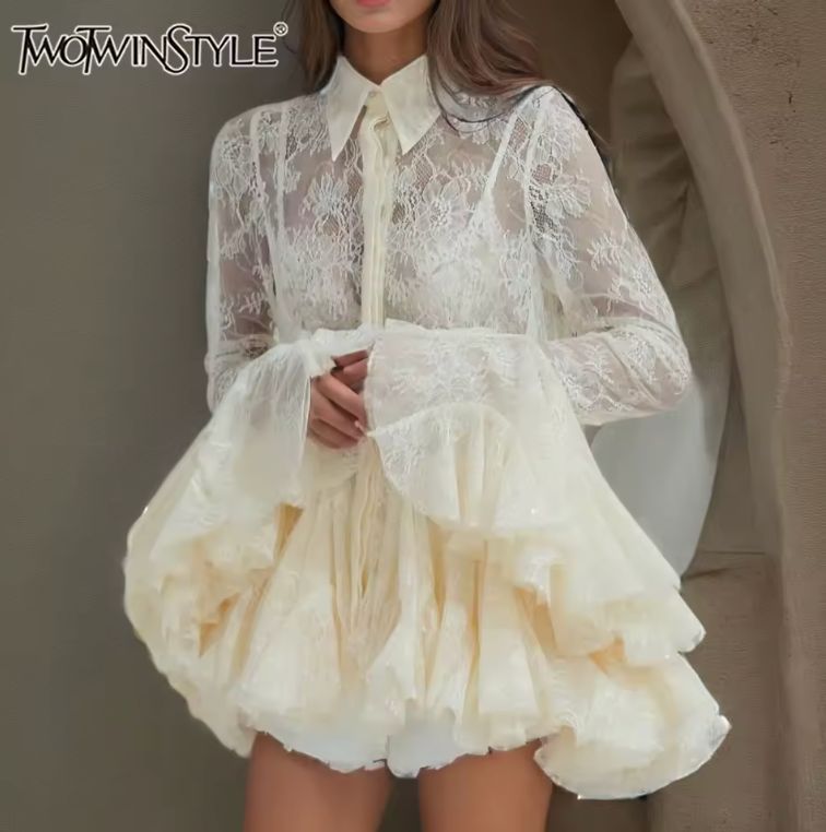 TWOTWINSTYLE Solid Sheer Spliced Lace Sexy Mini Dresses for Women Lapel Long Sleeves Patchwork Ruffles Folds Dress Female New