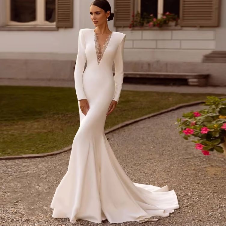 JEHETH V-neck Satin Wedding Dress Mermaid Zipper Beading Bridal Dress Elegant Floor-Length BOHO Long Sleeve Vestidos De Novia
