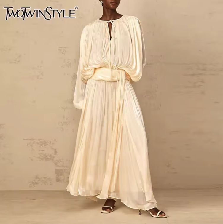 TWOTWINSTYLE Solid Loose Spliced Folds Elegant Dresses for Women Round Neck Long Sleeves Patchwork Lace Up Dress Female Fashion