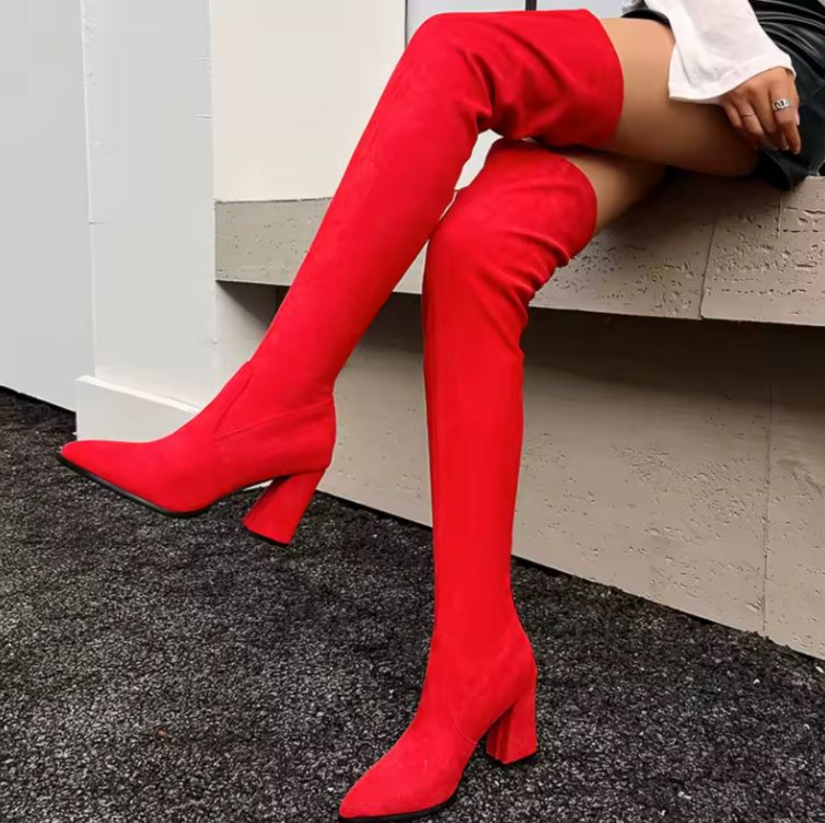Elastic Women's Over the Knee High Boots Flock Long Thigh High Boot Ladies Autumn Shoes Black Red Heeled Footwear Large Size 45