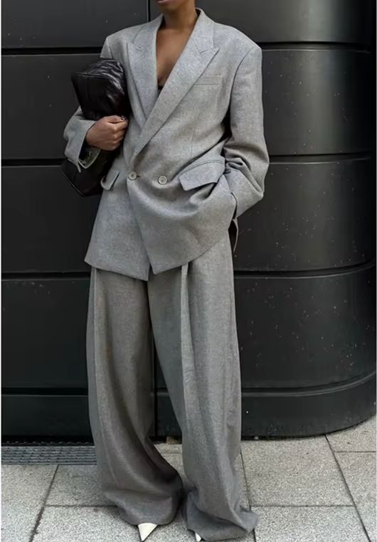 Gray Office Lady Suit Stretch-comfort Double-breasted Peak-lapel 2 Pieces(Jacket+Pants) Casual Oversize Business Women Set