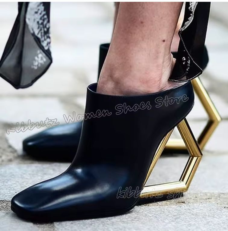 Metal Strange Heels Pumps Genuine Leather Solid Color Slip-On Fashion Elegant Concise Sexy Elegant Women Shoes Heels Square Toe