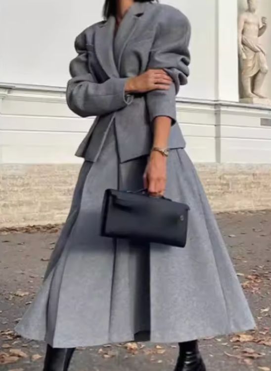 Pure Color Coat Top And Woolen Half Skirt Set V-neck Waist-cinching Autumn New Arrival Women's Fashion Ensemble