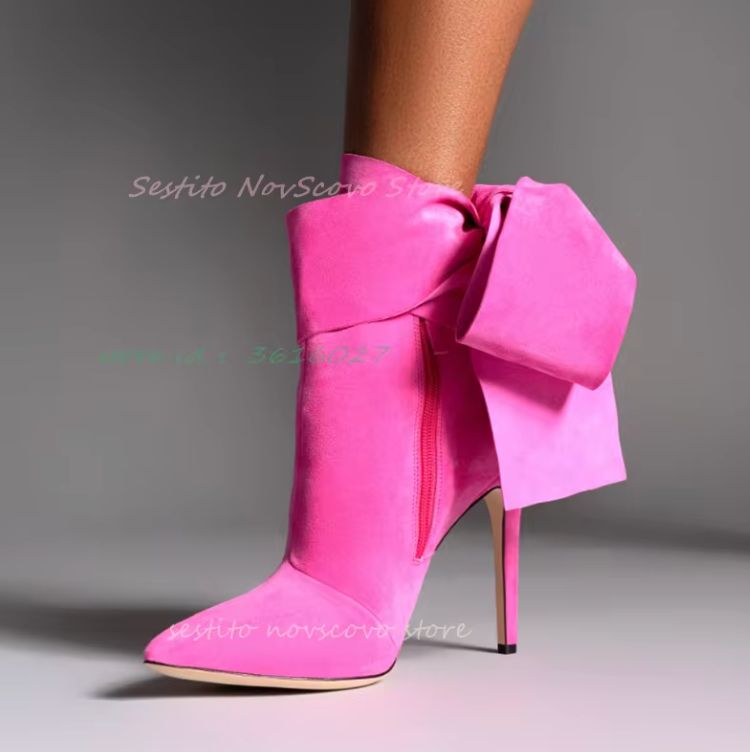 Hot Pink Pointed Toe Ankle Boots Twist Cross Straps Side Zip Stiletto High Heels Spring Sexy Women Dress Party Daily Ankle Boots