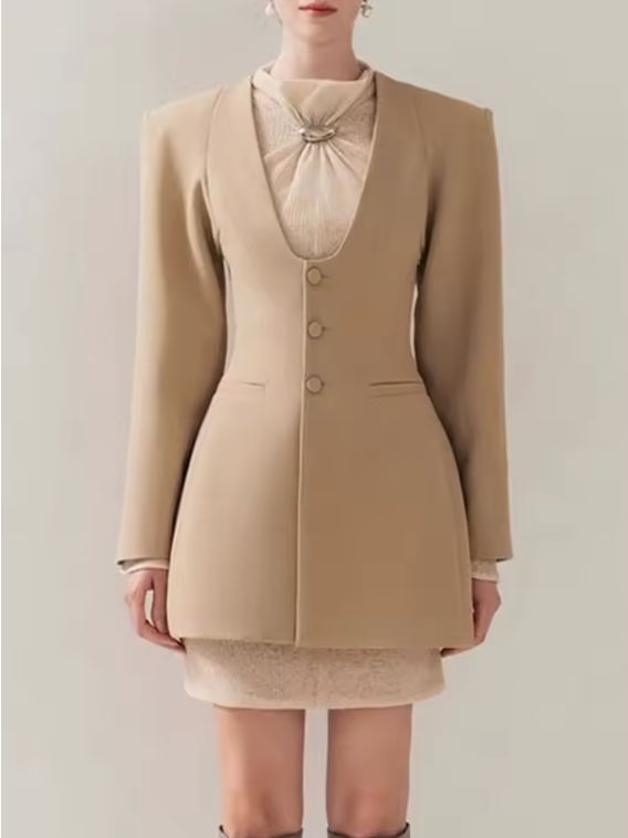 TWOTWINSTYLE Solid Slimming Spliced Single Breasted Vintage Blazers for Women Square Neck Long Sleeves Tunic Blazer Female New