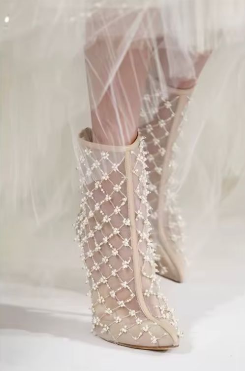 White Pearl Ankle Boots See Through Lace Mesh Pointed Toe String Bead Stiletto Heel Dress Shoes Fashion Zipper Party Runway Boot