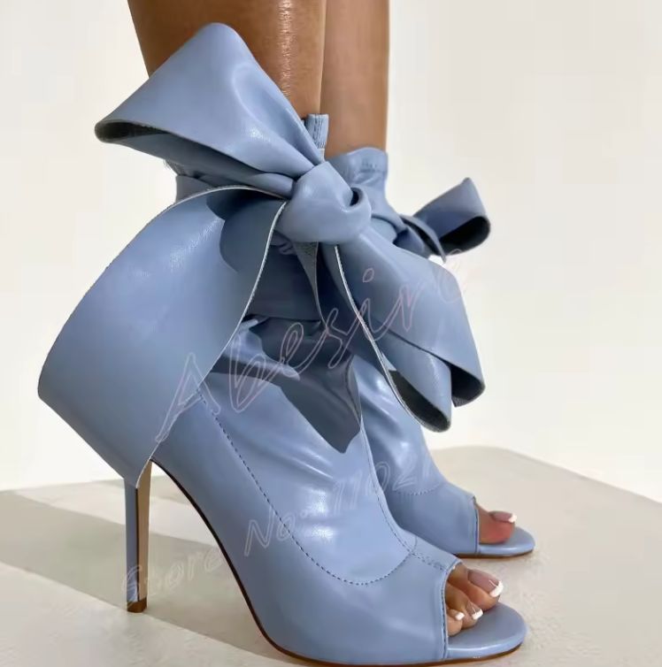 Summer Blue Leather Open Toe Sandals Boots Bow Round Toe Stiletto Lace-Up Bare Boots Fashion Luxury Party Wedding Short Boots 46