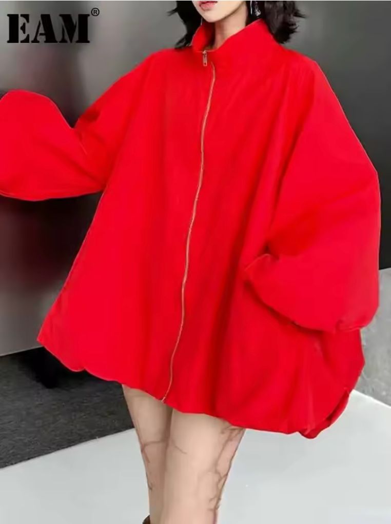 [EAM] Red Shaped Big Size Casual Jacket New Stand Collar Long Lantern Sleeve Women Coat Fashion Tide Spring Autumn 2025 1DJ0578