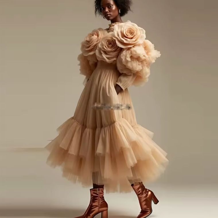 Light Champagne Tiered Tulle Skirt Elastic Waist A Line Mid-Calf Tutu Skirt Women Skirt