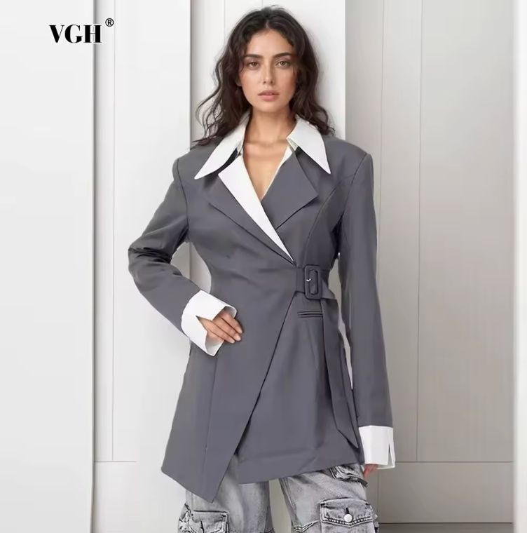 VGH Hit Color Gathered Waist Casual Blazers For Women Notched Collar Long Sleeve Patchwork Lace Up Elegant Blazer Female 2024