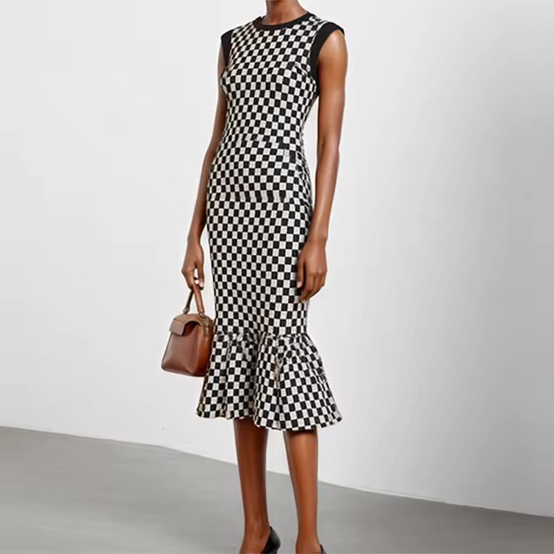 Krisstargirl Evening Prom Knitting Slim Dresses 2025 Woman Summer Autumn Plaid Dress Mermaid Sleeveless Elegant Vintage Dresses