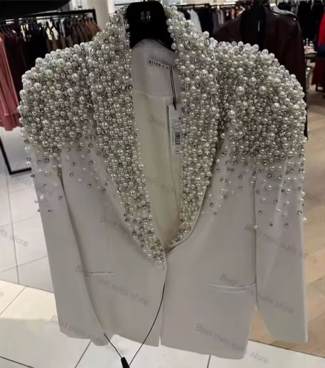 White Pearls Women Suit Set 2 Piece Blazer+Pants Trousers Elegant Formal Office Jacket Customized Wedding Tuxedos Spring Coat