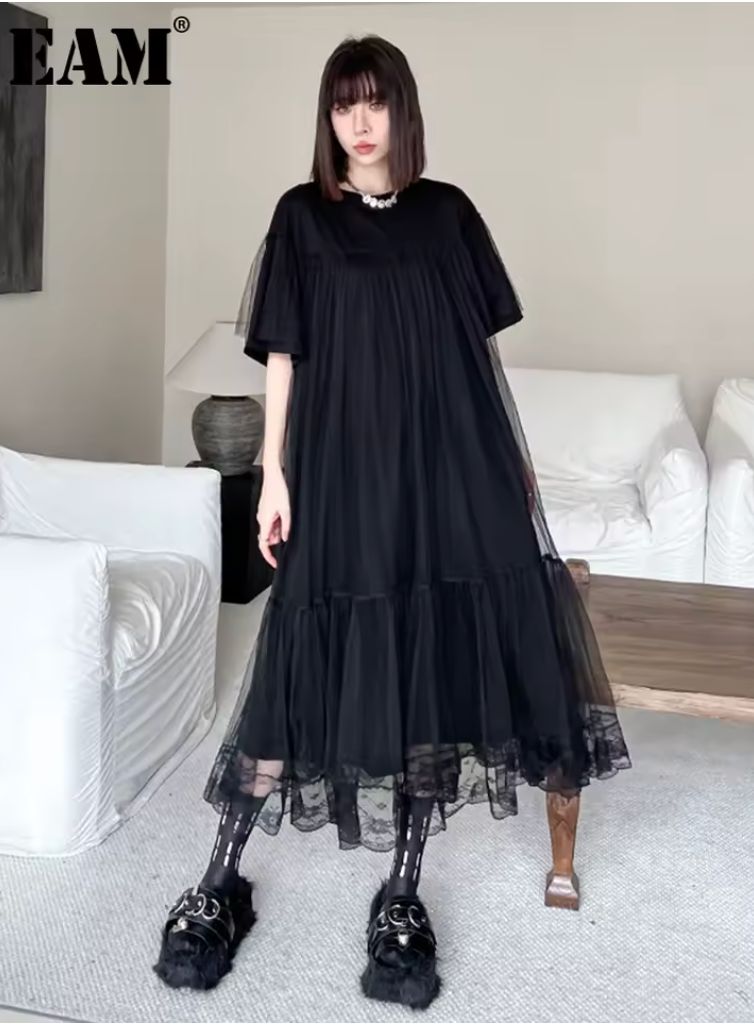 [EAM] Women Black Mesh Spliced Elegant Big Size Midi Dress New Round Neck Short Sleeve Fashion Tide Spring Summer 2025 1DH5056