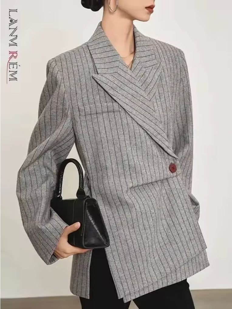 [LANMREM] Fashion Stripe Printed Asymmetric Blazers Women's Notched Long Sleeve Gathered Waist Jackets 2025 Spring New CPDB342