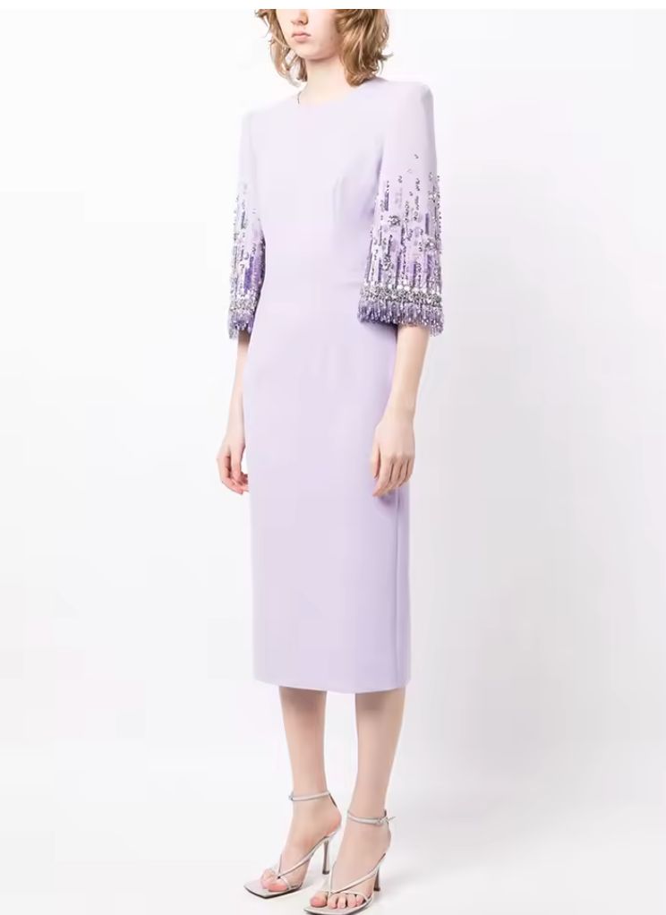 HIGH STREET Newest Fashion 2025 S/S Designer Vestido Women's Half Sleeve Stunning Beaded Midi Dress