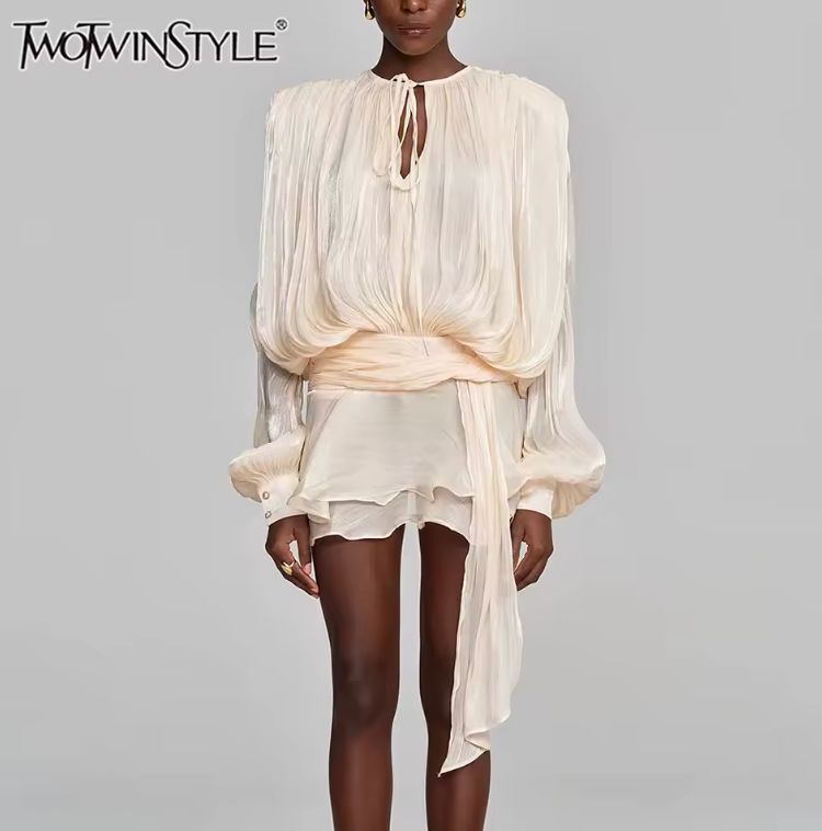 TWOTWINSTYLE Solid Loose Spliced Lace Up Elegant Dresses for Women Round Neck Long Sleeves Patchwork Folds Dress Female Style