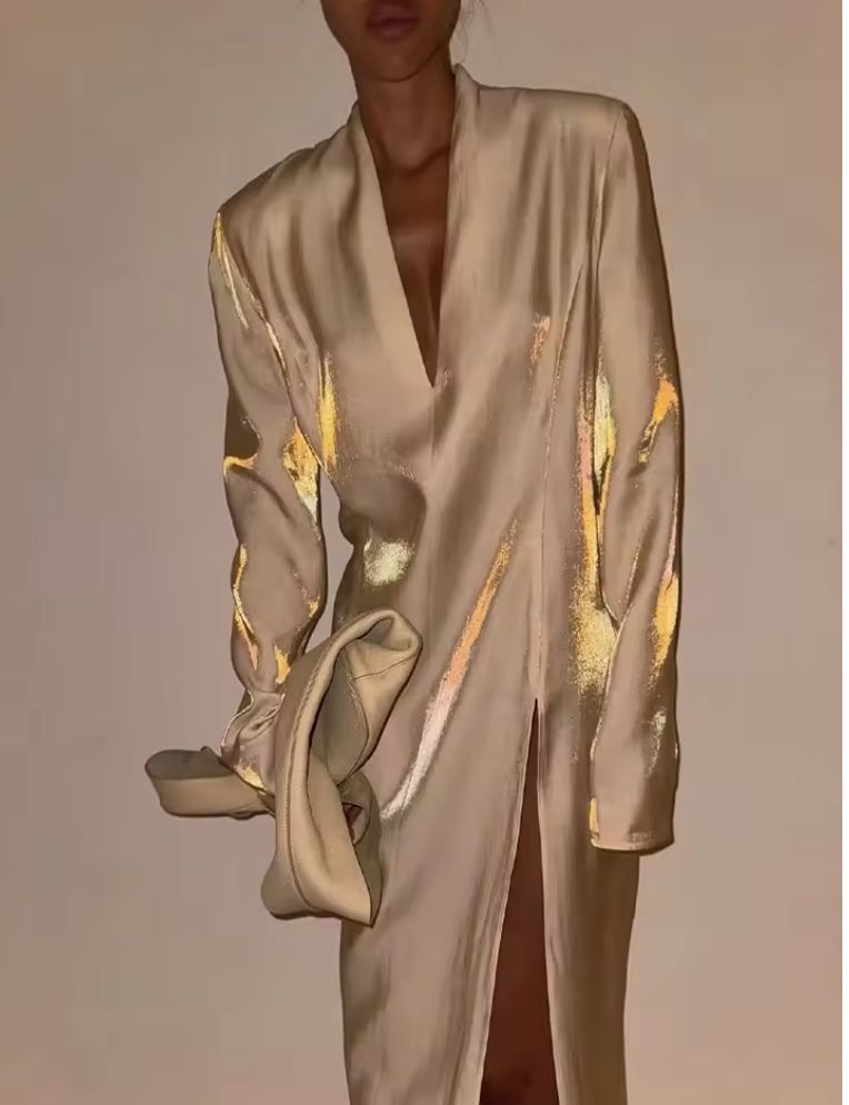 2025 Summer Fashion New Women's Elegant Dress Gold Sparkling V-neck Split Sexy Street Style Stand Up Long Dress