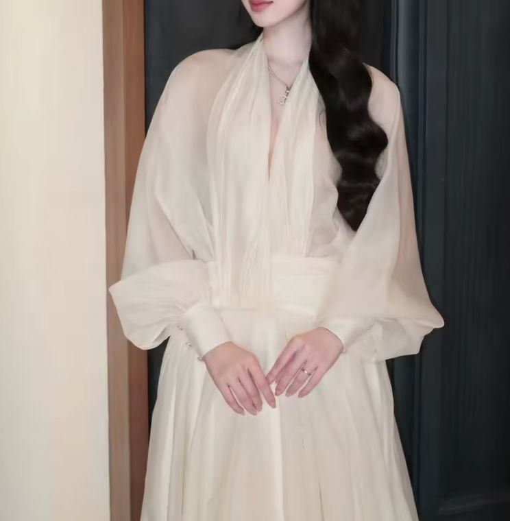 TWOTWINSTYLE Apricot Spliced Folds Loose Dress Female V Neck Lantern Sleeve Sweet Casual Women's Dresses Summer Style Fashion