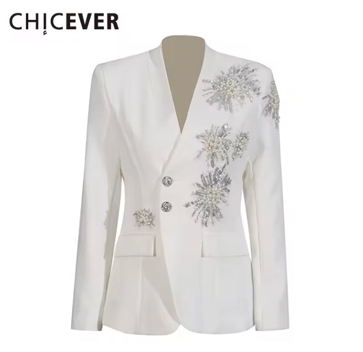 CHICEVER Solid Spliced Beading Slimming Blazer for Women Notched Collar Long Sleeve Patchwork Button Formal Coat Female Fashion