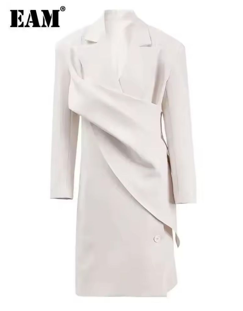EAM Beige Irregular Big Size Elegant Long Blazer Women New Lapel Long Sleeve Jacket Fashion Tide Spring Autumn 2025 CPDB040