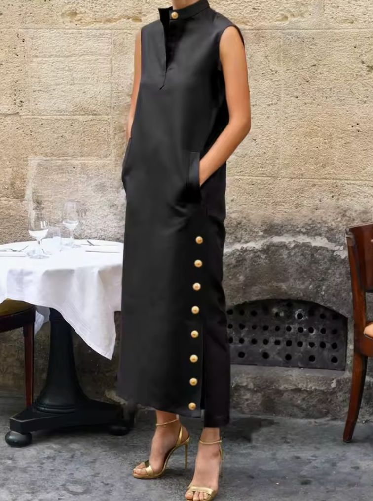 Yeezzi Women Fashion Split-Side Buttoned Stand Collar Evening Dresses 2025 New Sleeveless Solid Color H-Line Casual Shirts Dress