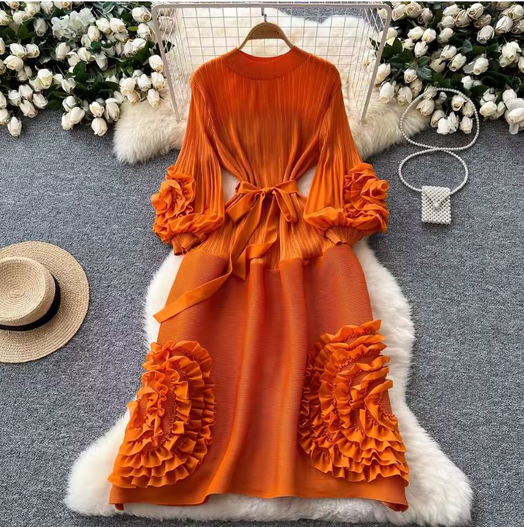 New Miyake High End Tied Up Oversize Pleated Long Robes Turtleneck Bubble Petal Sleeves High Waist Formal Dresses Women Clothing