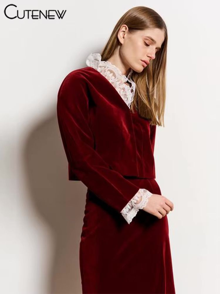 Cutenew Lace Patchwork Women 2 Piece Set Autumn Classic Matching Outfits Crop Tops+Straight Slim Maxi Skirts Female Streetwear