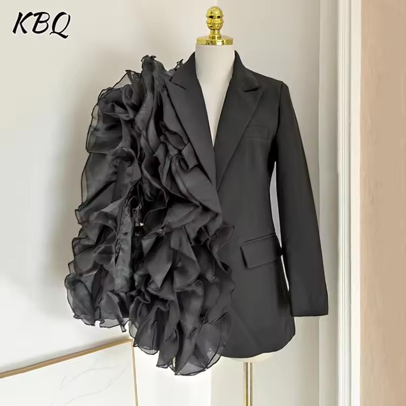 KBQ Solid Patchwork Ruffles Elegant Blazers For Women Long Sleeve Spliced Button Designer Casual Loose Coat Female Fashion New