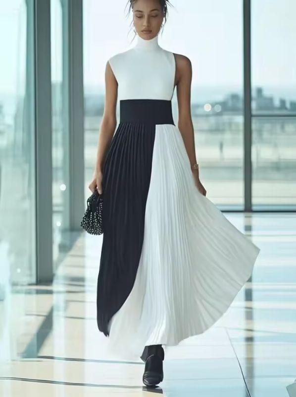 The Contrast Effect — High-Neck Pleated Maxi Dress for Women Who Understand That Elegance Has Edges