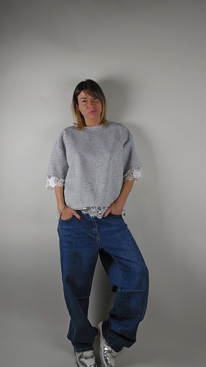 FELPA OVER GRIGIO CON  PIZZO BIANCO