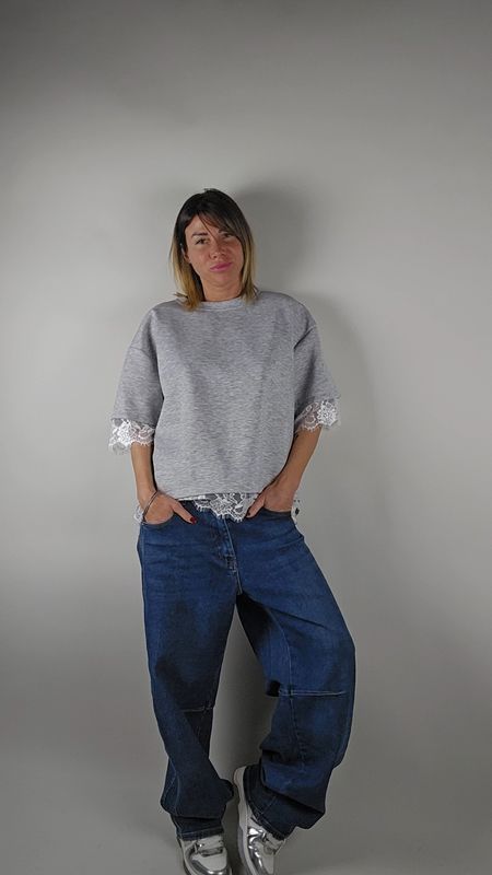 FELPA OVER GRIGIO CON  PIZZO BIANCO