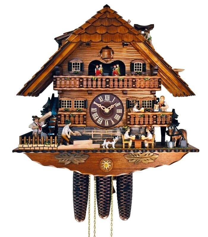 Cuckoo Clock Black Forest house with moving beer drinkers and mill wheel 8TMT1019/9