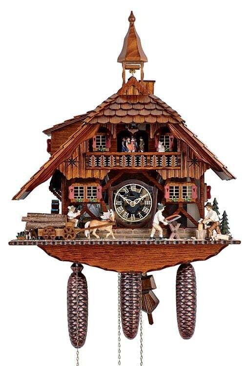 Cuckoo Clock Black Forest house with 2 moving wood choppers & mill wheel
8TMT1595/9