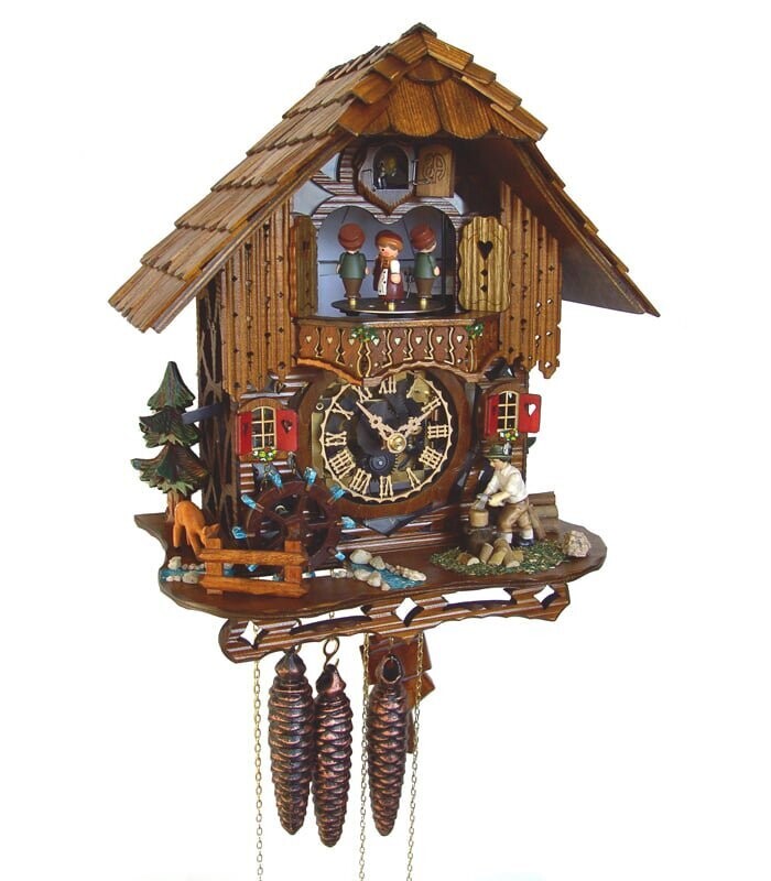 Cuckoo Clock Black Forest house with moving wood chopper and mill wheel
MT6667/9