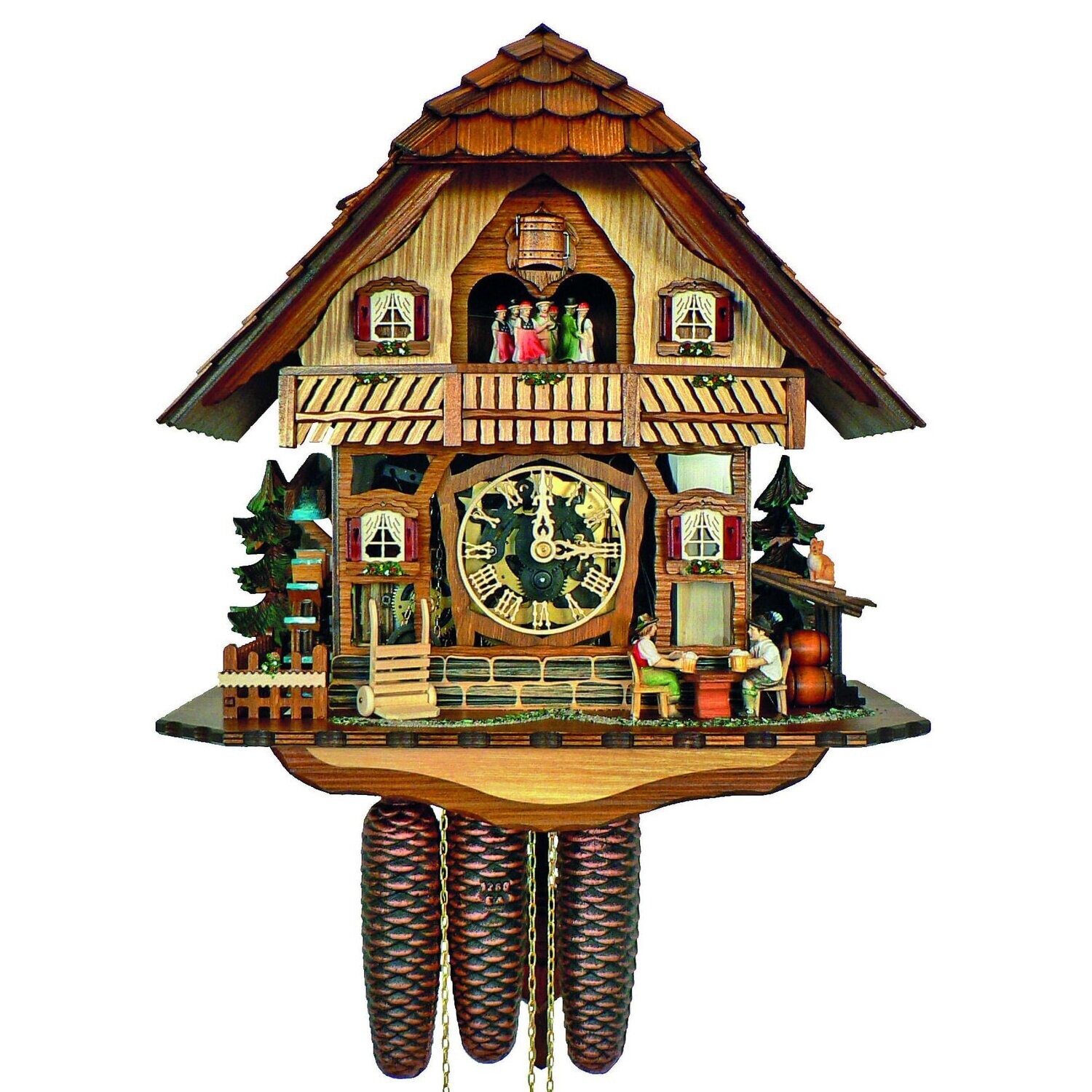 Cuckoo Clock Black Forest house with moving beer drinkers and mill wheel
8tmt2555/9