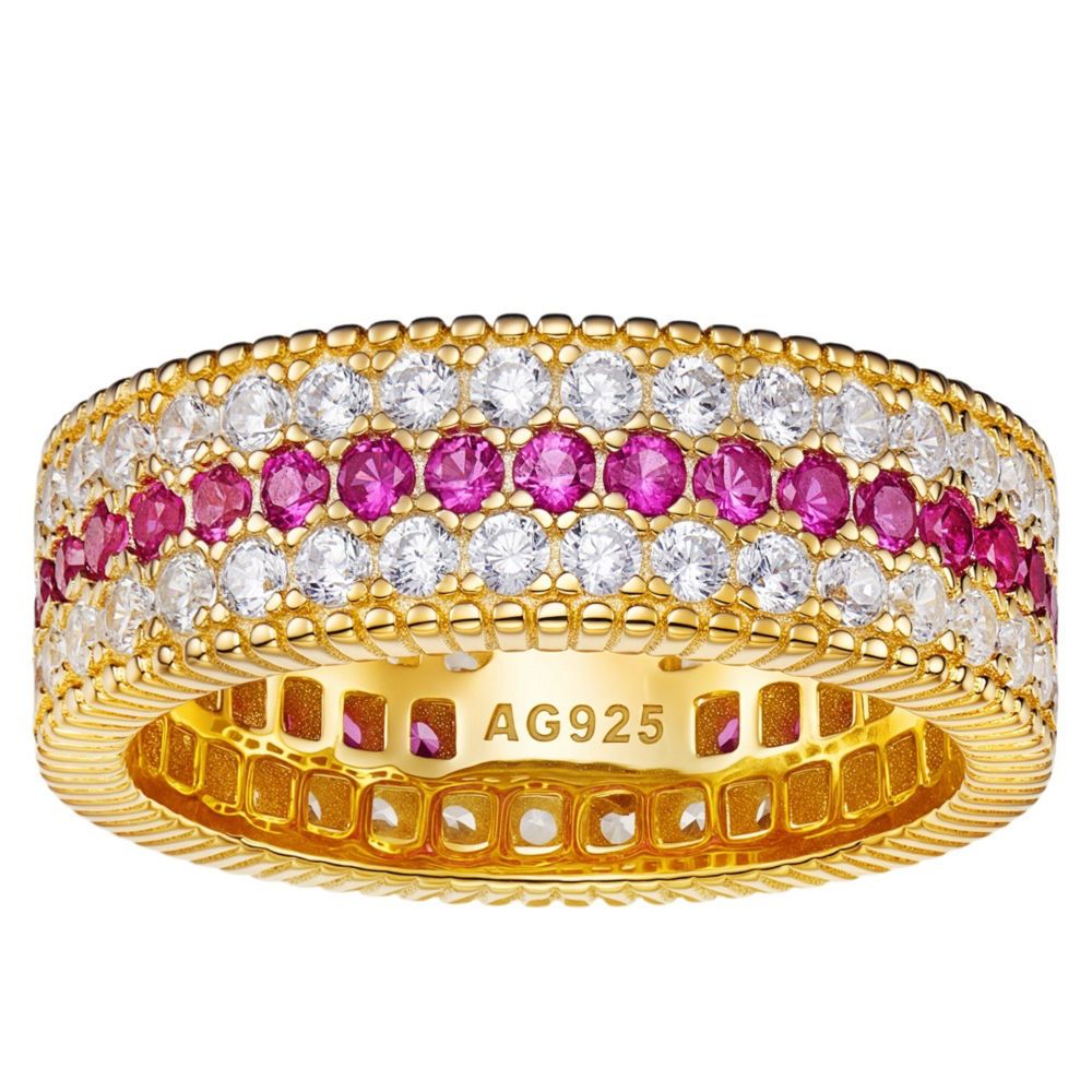 Red corundum inter-color three-row diamond ring