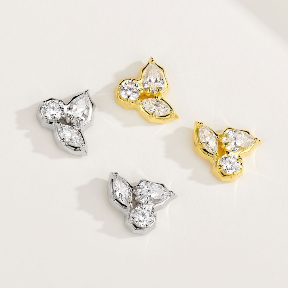 Platinum and 18K Gold Three Diamond Leaf Earrings