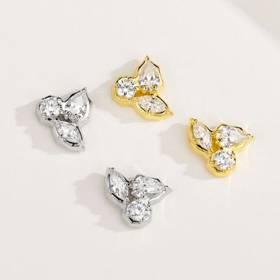 Platinum and 18K Gold Three Diamond Leaf Earrings