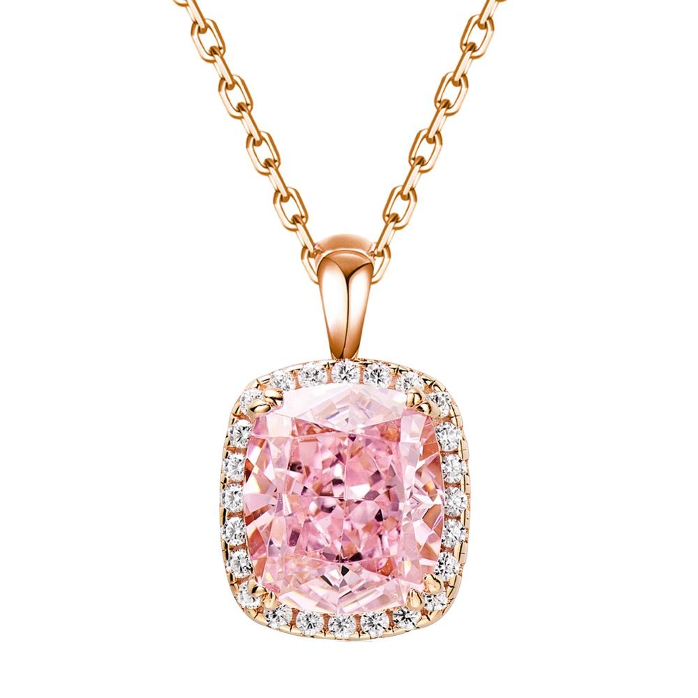 Cushion-shaped rose gold necklace with pink diamonds