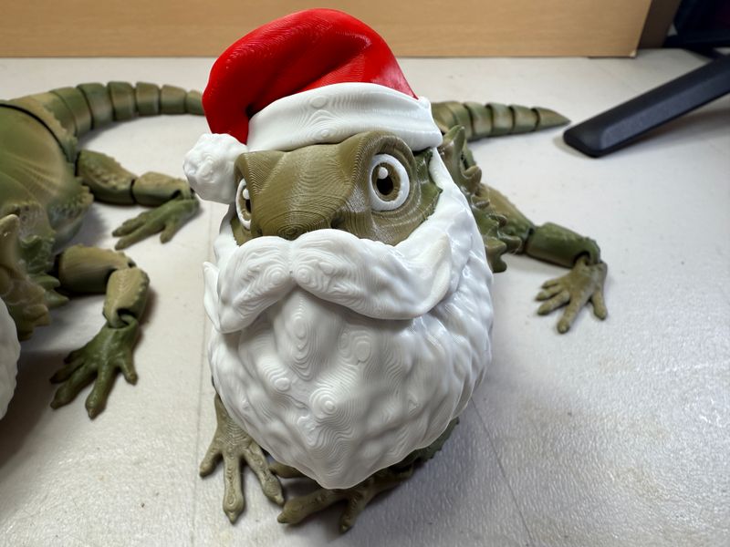 Santa Bernie! Our friendly, 3D Printed Articulated Bearded Dragon. Santa Bernie! Our friendly, 3D Printed Articulated Bearded Dragon.