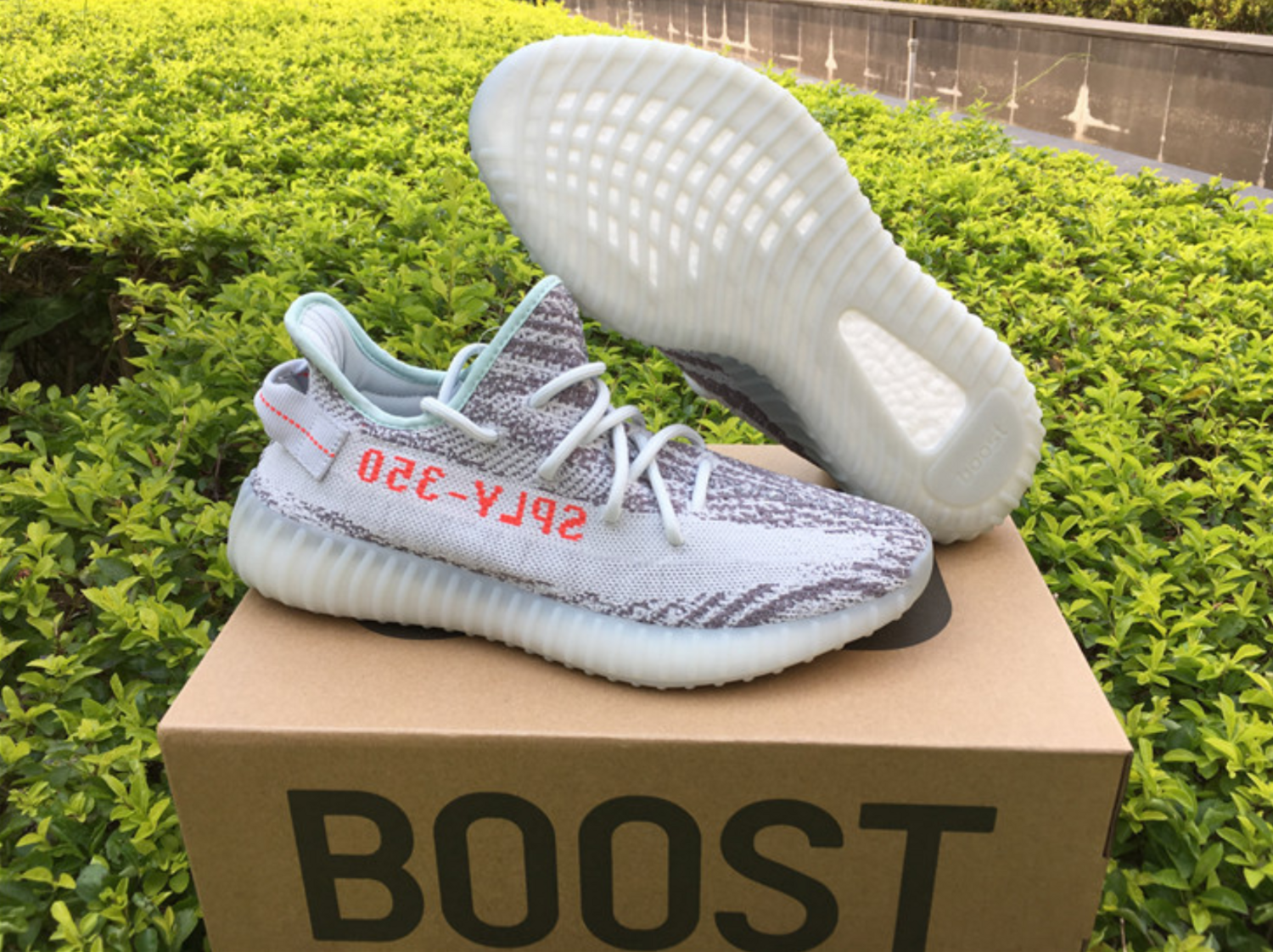 Adidas Yeezy Boost 350 V2 In Blue Tint Grey Three High Risk Red B37571
