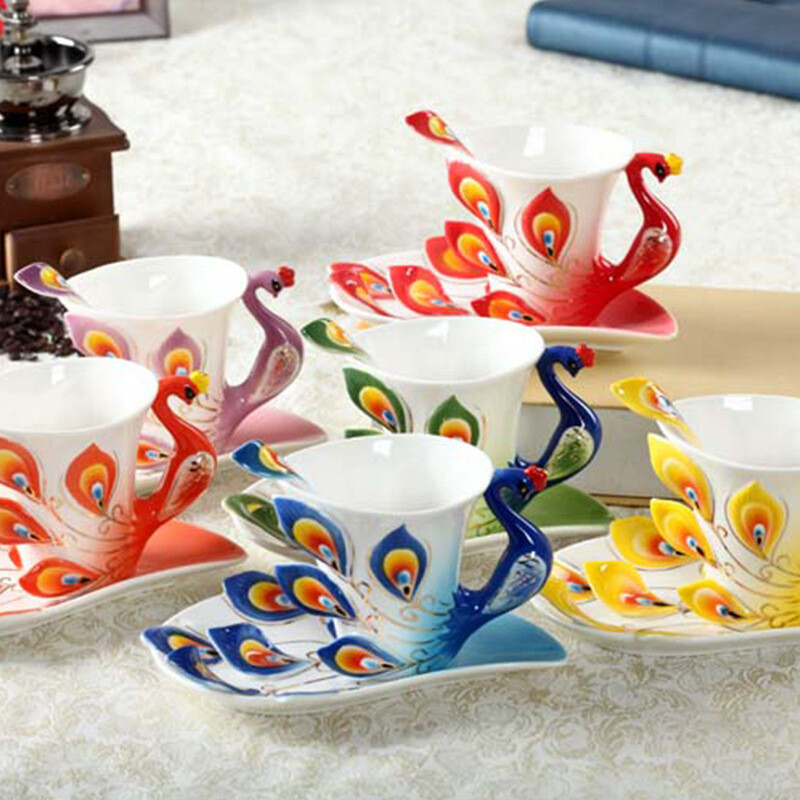 Porcelain Tea Cup with Peacock, Color: Please note the color of the cover, Capacity: 220ml