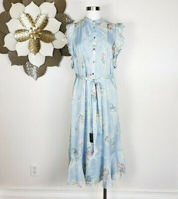 Womens Sz 14 Flutter Sleeve Blue Floral Print Midi Dress