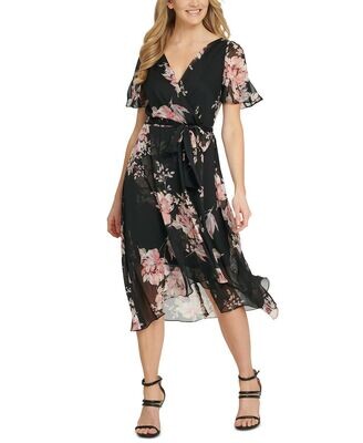 DKNY Size 10 Dress Belted Flutter Sleeve Faux Wrap Midi Floral NWT Damaged