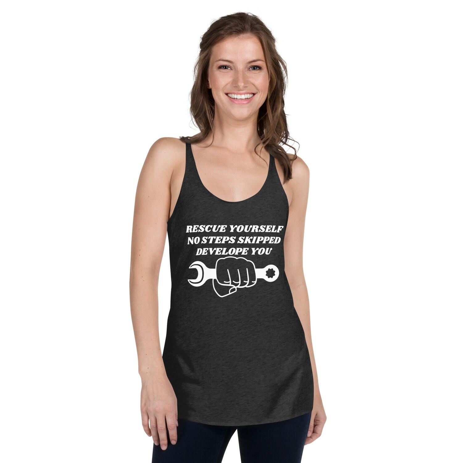 RESCUE YOURSELF-Women&#39;s Racerback Tank, Color: Vintage Black, Size: XS