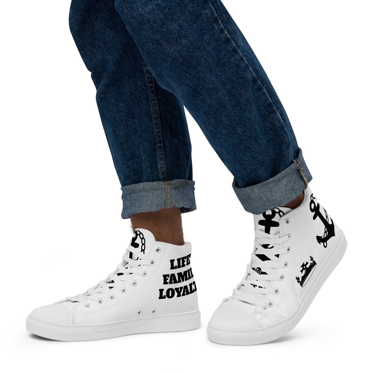 LIFE,FAMILY,LOYALTY-Men’s high top canvas shoes, Size: 5